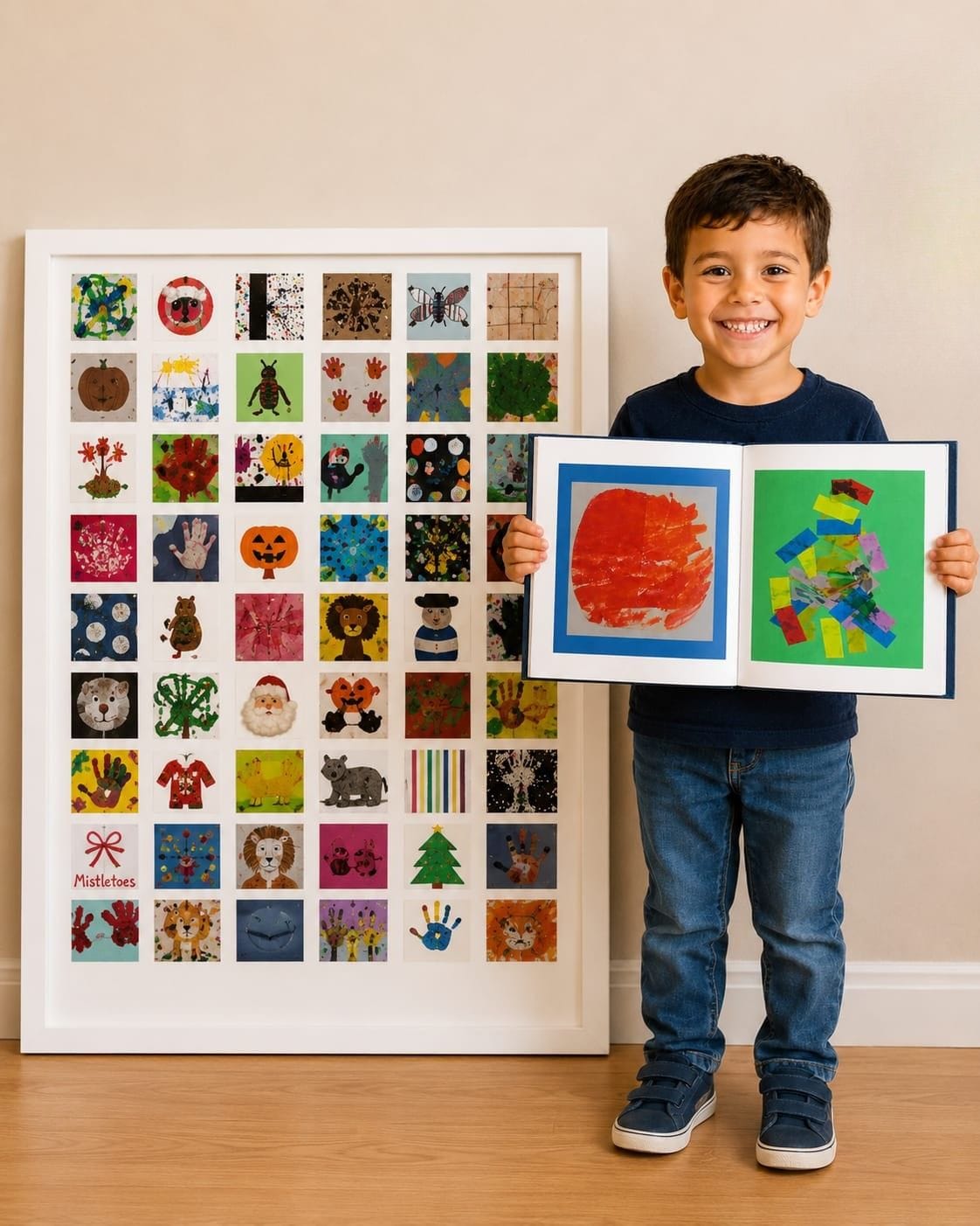 Child proudly showing keepsake art book